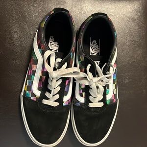 Black suede old Skool multicolored iridescent checkerboard.